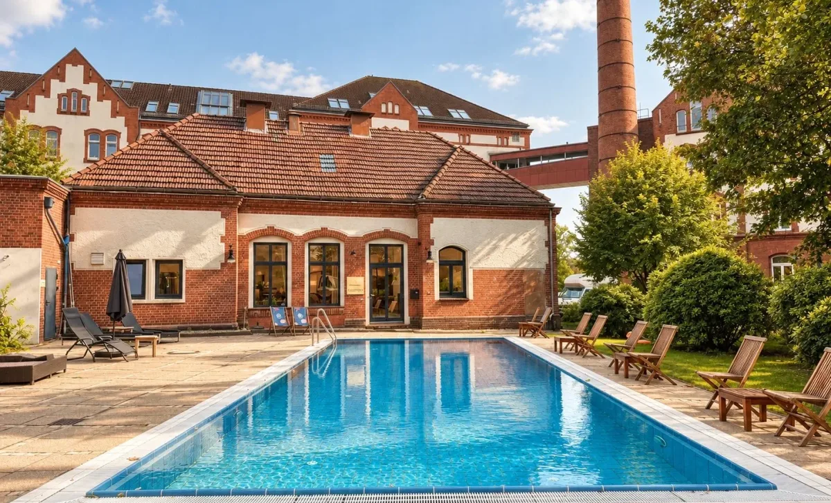 Innenhof mit Pool und Backsteinarchitektur
