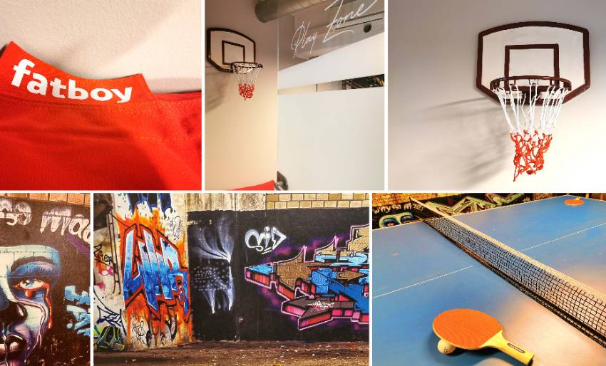 Tischtennisraum mit Mini-Basketballkorb, Sitzsack und Tischtenni