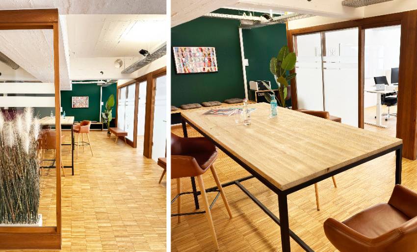 Stehtisch mit Stehstühlen vor den mietbaren Büros und Tischen