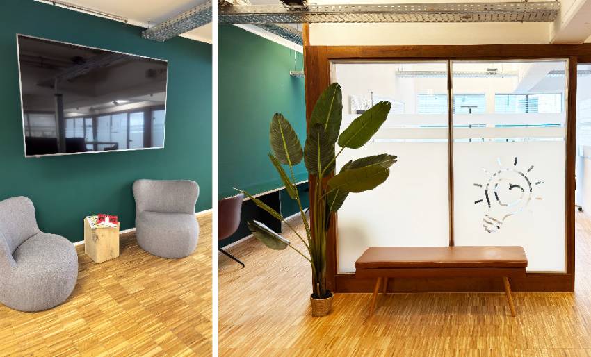 TV mit Sitzgelegenheiten und Wartebank vorm Büro