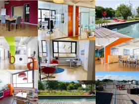 Helle Büroräume und Open Space mit Dachterrasse und Pool